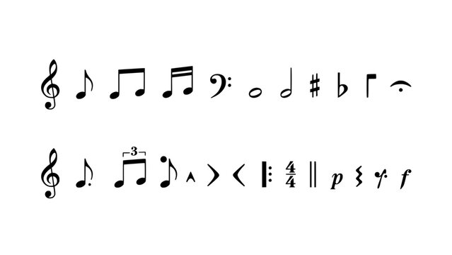 Musical Notes and Symbols Arranged in Two Rows with Various Symbols and Notation Elements Featuring Music, Clef, Quarter
