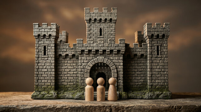 Wooden peg figures surrounding a miniature castle fortress representing corporate institutional strength, enduring legacy, built-to-last business, impenetrable brand and organizational fortitude.