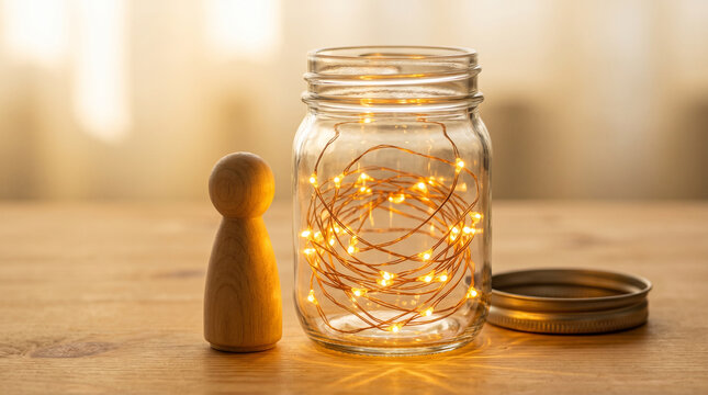 Wooden peg figure beside a glass jar filled with warm glowing lights representing collecting moments, gratitude practice, mindfulness culture, wellbeing and positive memory cultivation.