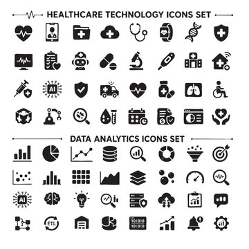 Modern healthcare technology and data analytics icons set featuring telemedicine, AI healthcare, patient monitoring, medical records, business intelligence, data visualization, machine learning