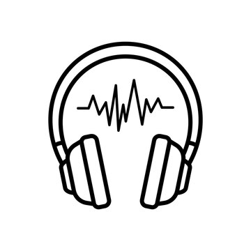 Professional studio audio monitor headphones line icon showing sound frequency wave inside.
