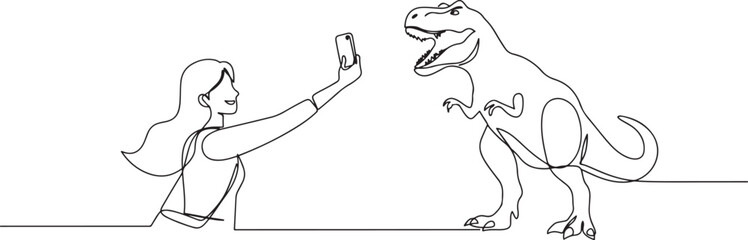 Obraz premium Continuous one line drawing beautiful girl female tourists selfie dinosaur T-Rex phone device. one line Icon drawing