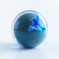 Fototapeta premium Glass sphere contains textured blue planet. Bright light emanates from crack, creating dramatic effect. Minimalist studio shot.