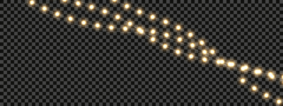 Charming holiday illumination adds elegance to visual content. Soft golden brightness suits invitations and web graphics. Transparent PNG.