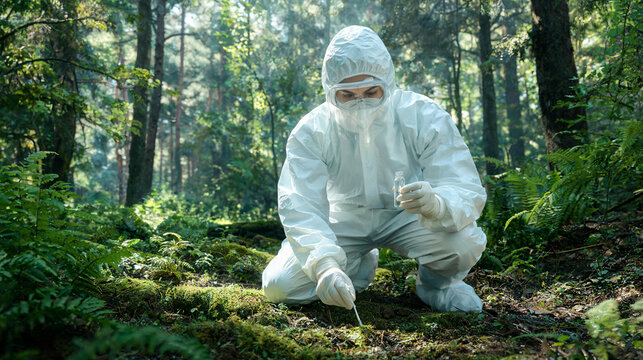 A public health researcher in a full white protective suit and face shield crouches down in a lush green forest to collect a soil or environmental sample into a vial.