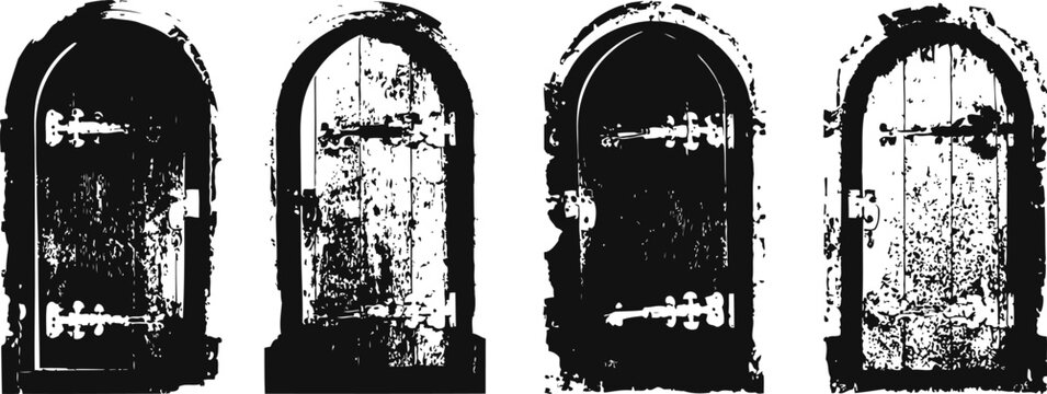 Grunge vintage doors set old textured wooden entryways with worn paint and rustic metal hinges