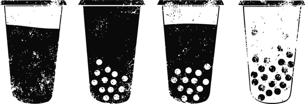 Bubble tea cups in black and white silhouette with tapioca pearls inside, classic beverage illustration
