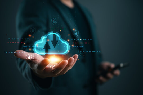 Cloud security technology with secure cloud storage, encrypted data transfer, cloud computing, backup protection, cybersecurity, digital infrastructure, and enterprise network security concept.