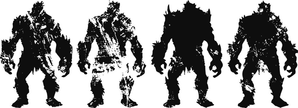 four shadowy silhouettes of towering monstrous creatures with rugged, spiky forms standing in battle ready poses