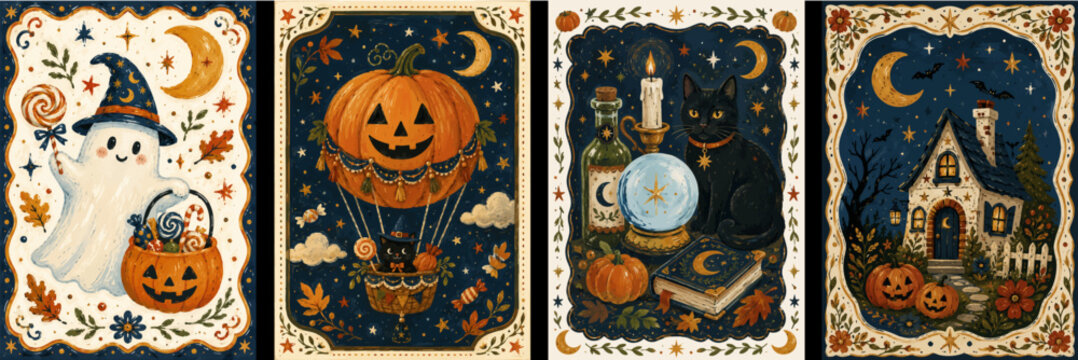 Watercolor painting of a collection of vintage style halloween greeting cards featuring cute spooky illustrations and magical elements, expressive magical artwork. Vector illustration