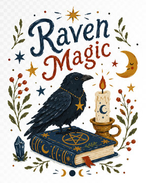 Halloween watercolor Raven Magic quote poster in whimsical spooky style with witchy autumn details, isolated seasonal artwork for cards and prints, vector illustration