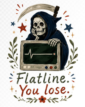 Halloween watercolor Flatline You Lose quote poster in whimsical spooky style with witchy autumn details, isolated seasonal artwork for cards and prints, vector illustration