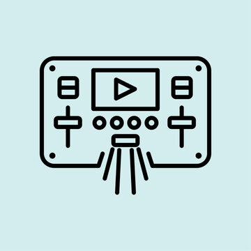 Multimedia control panel line icon with play button and audio faders for broadcasting.