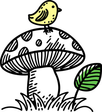 Yellow bird perched on spotted mushroom with grass and leaf sketch illustration