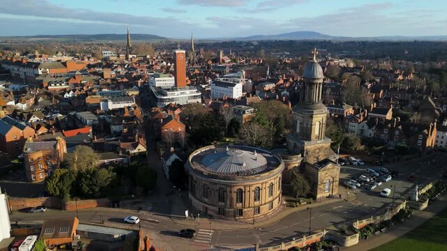 Close Aerial View of St Chad's Church Dome and Golden Cross Over Shrewsbury Skyline