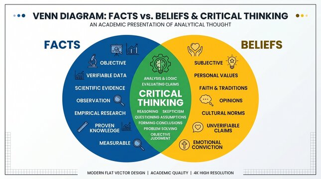 Venn Diagram, Critical Thinking, Facts vs Beliefs, Infographic, Educational Illustration