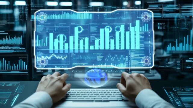 Male hands interact with a keyboard and touch screen, displaying various data charts and analytics in a futuristic virtual workspace