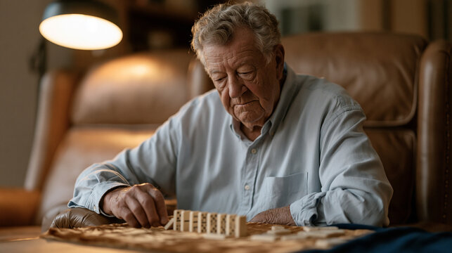 Elderly man seated in leather armchair under reading lamp examines single domino on velvet cloth, deep in thought, representing strategic thinking in retirement, mental acuity maintenance, board gam