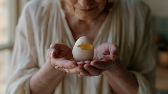 Elderly woman cradles single cracked egg in both palms near kitchen window in warm morning light, expression contemplative and tender, symbolizing fragility of new beginnings, fertility awareness, g