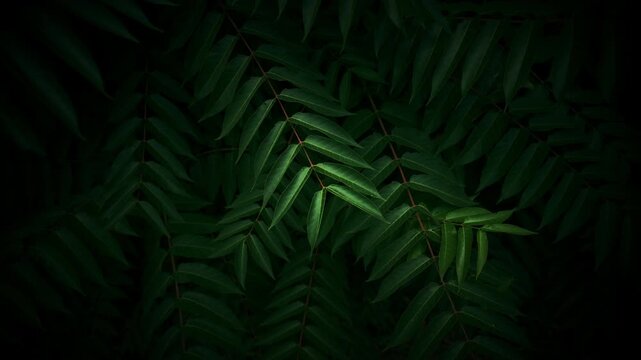 Moody close-up of overlapping dark green fern leaves illuminated by focused low light, evoking tropical mystery, solitude and lush natural texture. 4K.