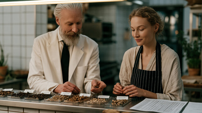 Entomologist and chef collaborate over insect protein tasting samples in white-tiled test kitchen, labeled specimen dishes of roasted crickets and larvae lined on steel counter, printed sensory eval