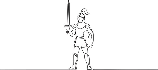 Fototapeta premium One continuous drawing line young man knight with sword in hand. Single hand drawn art line doodle outline. one line Icon drawing
