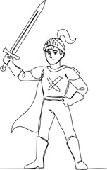 Fototapeta premium One continuous drawing line young man knight with sword in hand. Single hand drawn art line doodle outline. one line Icon drawing