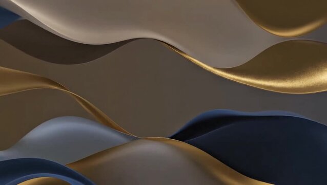 Abstract wavy metallic ribbons in gold, bronze, and dark blue creating a dynamic, undulating pattern with soft lighting and shadows.