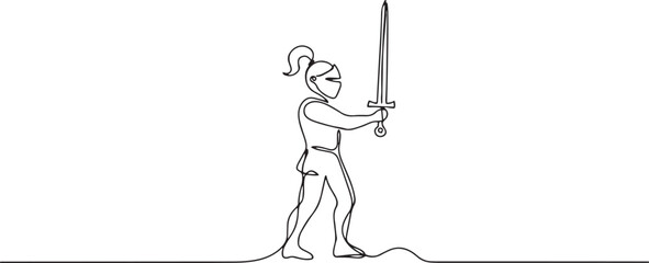 Fototapeta premium One continuous drawing line young man knight with sword in hand. Single hand drawn art line doodle outline. one line Icon drawing