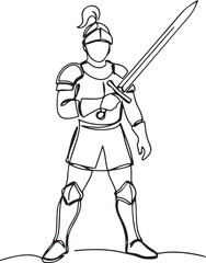 Fototapeta premium One continuous drawing line young man knight with sword in hand. Single hand drawn art line doodle outline. one line Icon drawing