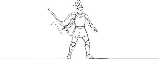 Fototapeta premium One continuous drawing line young man knight with sword in hand. Single hand drawn art line doodle outline. one line Icon drawing