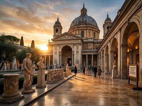 Majestic historical building with grand architecture and statues during golden sunset hour in a public plaza