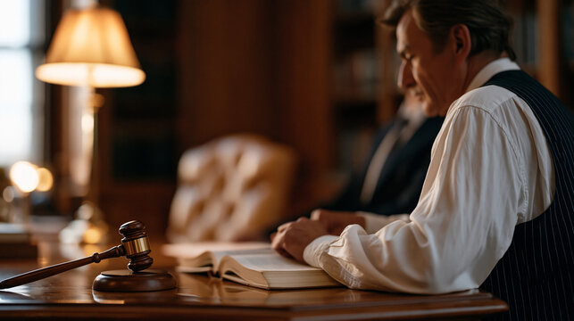 Over-the-shoulder view of mature male attorney at mahogany desk examining gavel and open legal tome under warm office lamp, client chair visible across desk, representing private legal practice, sen