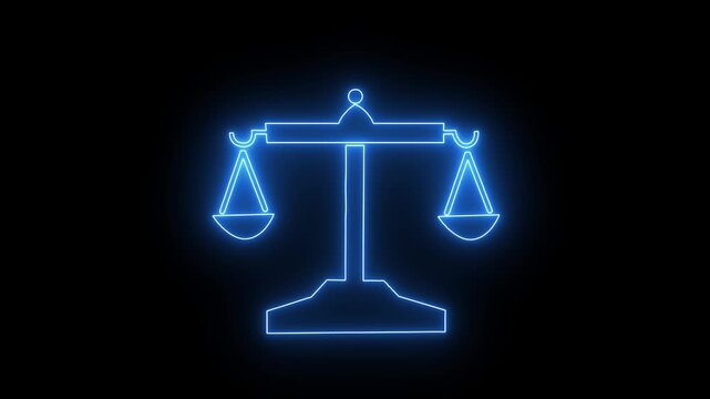 Neon glowing justice icon video animation . Neon glowing Scales and justice video animation on black background. neon Justice scale balance symbol law concept animation. 4K video