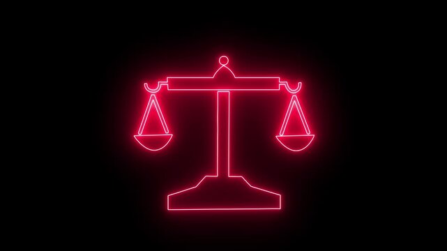 Neon glowing justice icon video animation . Neon glowing Scales and justice video animation on black background. neon Justice scale balance symbol law concept animation. 4K video