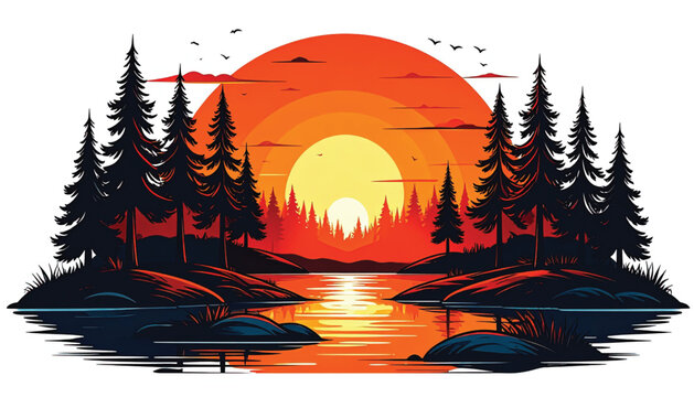 Sunset over silhouette pine trees.