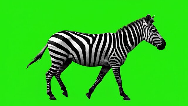 A wild zebra walks across a solid green screen background