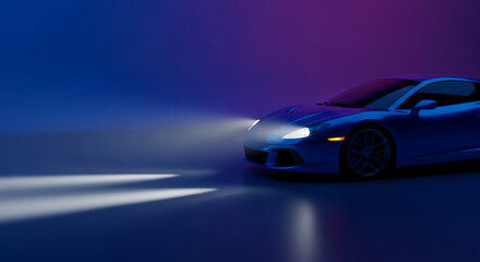 Naklejka premium Sleek blue sports car with illuminated headlights on a gradient dark background, symbolizing speed, luxury, and modern design