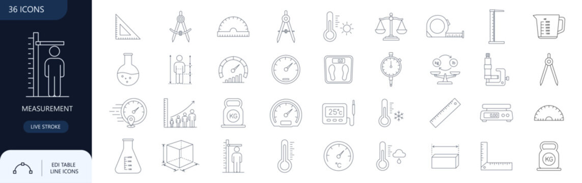 Measurement and scale thin line icon set containing thermometer, ruler, compass, balance weight, height meter, and speedometer concepts, editable stroke. Vector illustration