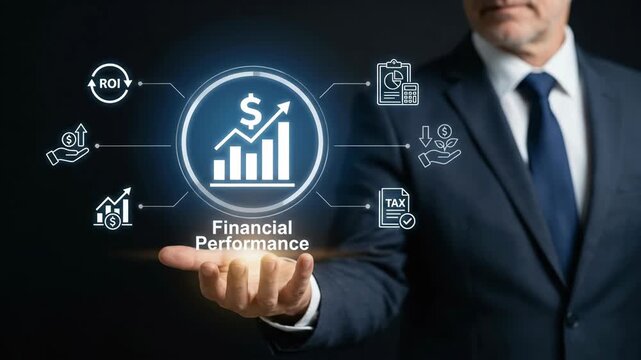 Financial performance businessman holding virtual graph ROI tax investment profit growth success analysis strategy futuristic, confident professional