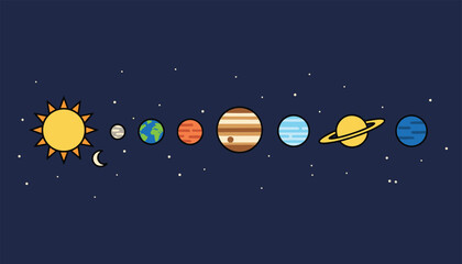 Fototapeta premium Minimalist flat illustration of the solar system showing the sun followed by planets in their orbits against a dark blue outer space background.