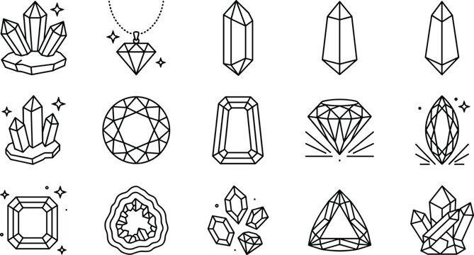 Black line vector icon set of crystal minerals precious gemstones diamonds and magical healing quartz clusters