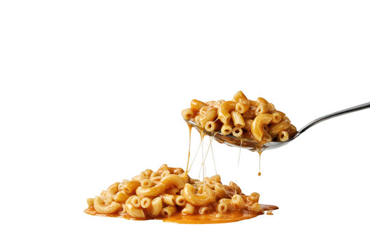 A silver spoon holding a portion of cooked macaroni pasta with melted orange cheese strings stretching down to a pile on a black background