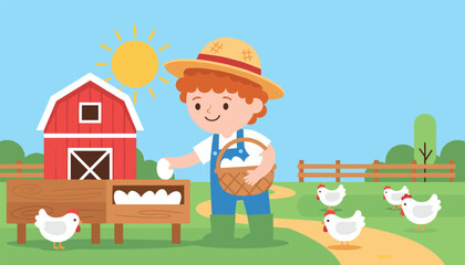 Fototapeta premium Young farm boy wearing a straw hat and overalls happily collects fresh white eggs into a woven basket on a sunny day at a traditional farm.