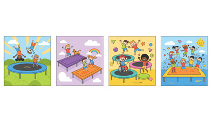 Fototapeta premium Grid of four colorful illustrations showing groups of happy children of all abilities jumping and playing together on various trampolines.