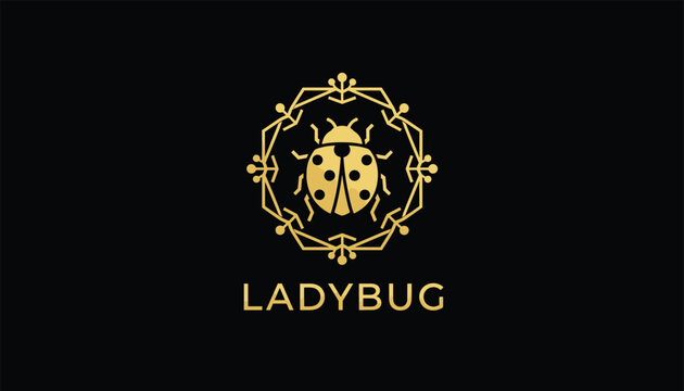 Sophisticated gold ladybug logo designed inside a geometric circular frame set against a solid black background for a luxury brand identity.