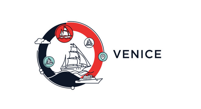 Nautical logo design for Venice features classic sailing ships and luxury yachts inside a circular frame with a location pin.
