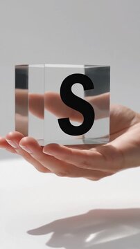 A hand holds a transparent glass cube with the letter S