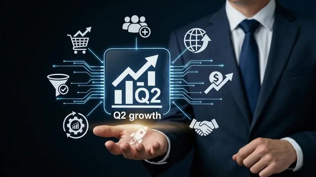Q2 growth business finance technology digital chart data analysis for success profit futuristic concept with professional hand gesture, corporate