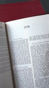 Opening to the Book of Job of the Old Testament in the Holy Bible. New Revised Standard Version. Vertical video.